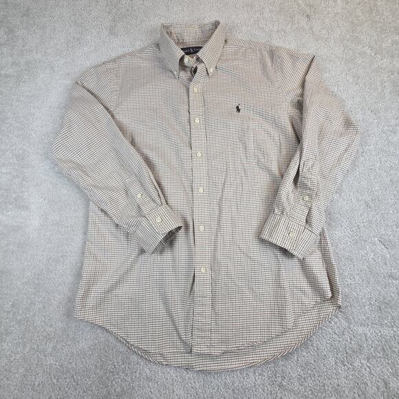 Ralph Lauren Mens Dress Shirt Tan Plaid Men's Size M Preppy Classic Pony - Picture 2 of 8